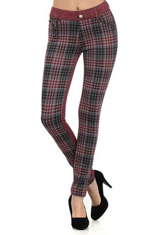 Women's Two Toen Houndstooth Plaid Legging Pants (Wine Red) style 3
