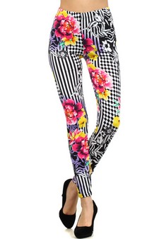 Women's Floral Print on Geometric Black and White Printed Leggings style 2