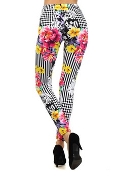 Women's Floral Print on Geometric Black and White Printed Leggings style 3