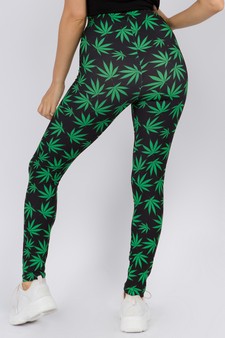Women's High Rise Marijuana Leaf Print Peach Skin Leggings style 2