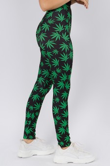 Women's High Rise Marijuana Leaf Print Peach Skin Leggings style 3