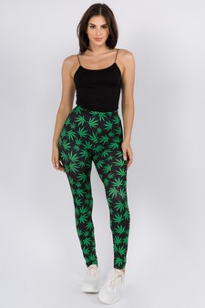 Women's High Rise Marijuana Leaf Print Peach Skin Leggings style 4