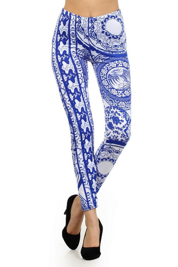 Women's White & Blue Fine China Design Printed Leggings - Wholesale 