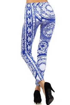 Women's White & Blue Fine China Design Printed Leggings style 3
