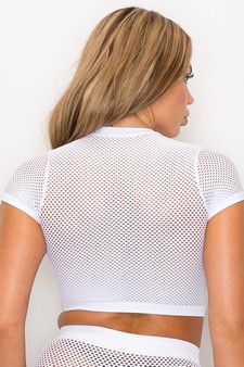 Women's Solid Short Sleeves Fishnet Crop Top style 3