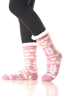 Women's Non-slip Faux Sherpa Winter Snowflake Pattern Christmas Slipper Socks style 7