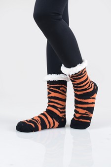 Women's Non-slip Faux Sherpa Tiger Striped Christmas Slipper Socks style 11