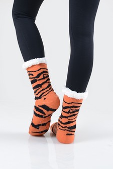 Women's Non-slip Faux Sherpa Tiger Striped Christmas Slipper Socks style 3