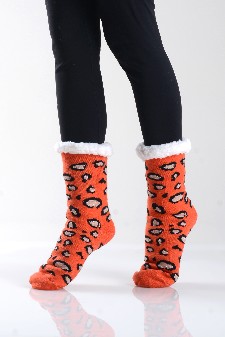 Women's Non-slip Cheetah Print Faux Sherpa Christmas Slipper Socks style 6