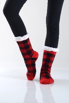 Women's Non-slip Buffalo Plaid Faux Sherpa Christmas Slipper Socks style 6