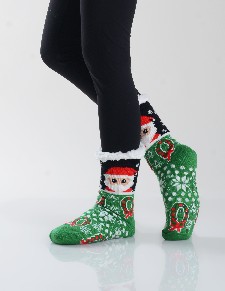 Women's Non-slip Santa Print Faux Sherpa Christmas Slipper Socks style 3