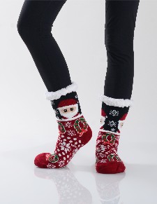 Women's Non-slip Santa Print Faux Sherpa Christmas Slipper Socks style 6