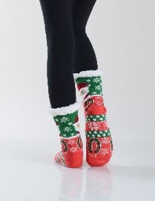 Women's Non-slip Santa Print Faux Sherpa Christmas Slipper Socks style 7