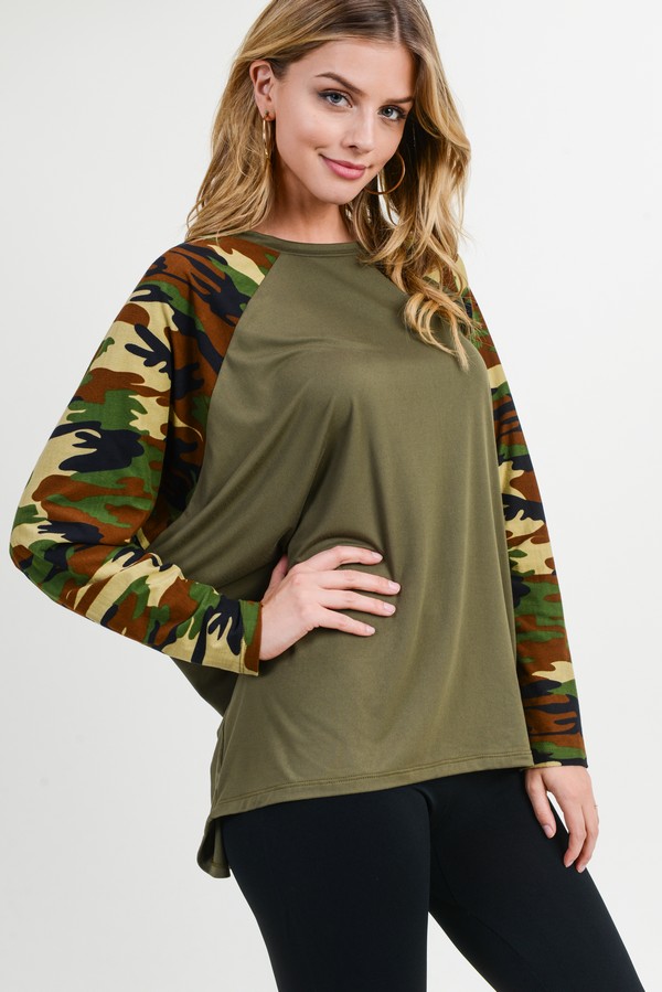 Women's Camouflage Dolman Sleeve Top - Wholesale - Yelete.com