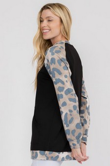 Women's Contrasting Leopard Print French Terry Long Sleeve Top style 3