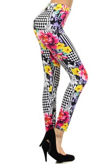 Women's Floral Print on Geometric Black and White Printed Leggings