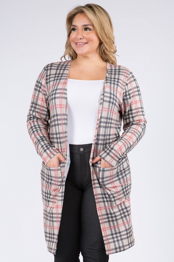 Women's Plaid Duster Cardigan with Pockets - Wholesale - Yelete.com