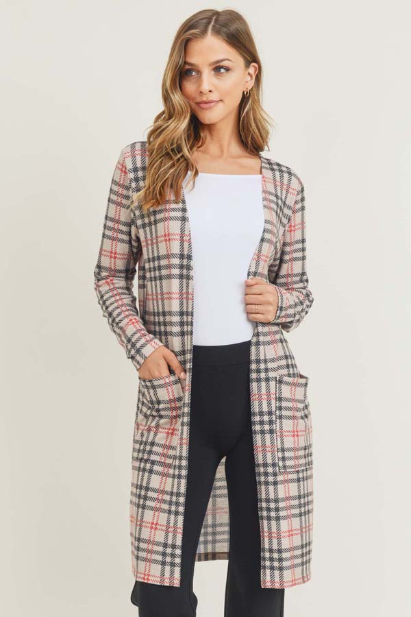 Women's Plaid Duster Cardigan with Pockets - Wholesale - Yelete.com